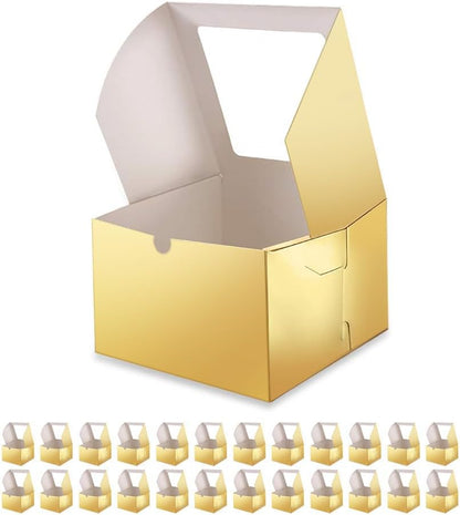 25 Gold Bakery Boxes with Window, 6x6x4 Inches Cake Boxes with Window, Treat Boxes for Small Bakery, Dessert, Candy, Cookies, Pastry, Party Favors, Wedding Cake