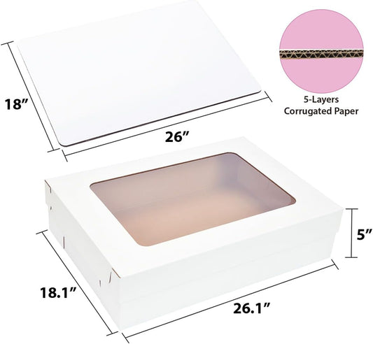 JJO 26x18x5 Inch Full Sheet Cake Boxes with Thick Cake Boards,5 Pack-Large Bakery Boxes Corrugated Rectangle Cake Boxes for 26x18 Inch Sheet Cake,Donuts,Brownie,Pastry Baking,Muffins,Cupcake