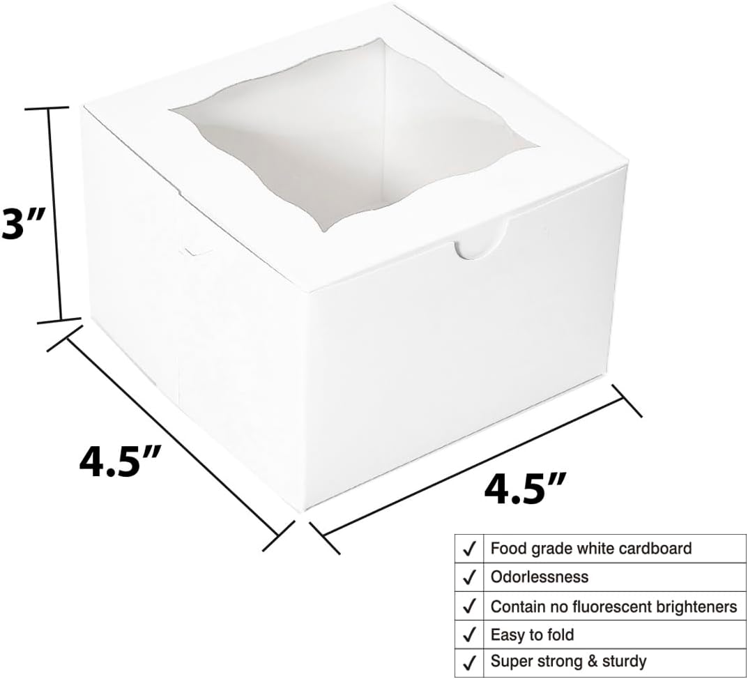 Cookie Boxes with Window 4.5x4.5x3 Inch-50 Pack,White Bakery Boxes,Mini Treat Boxes for Mini Bundt Cake and Individual Cheesecakes