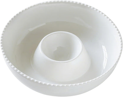11'' Ceramic Chip and Dip Tray, Middle Size Divided Serving Set for Parties, Mixing Bowl Sets for Salsa, Snack, Veggies, Dumpling, Fruit, Salad, Fruit, Entertaining, Hosting, Ivory White