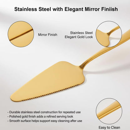 2 PCS Gold Cake Server Set, Stainless Steel Serrated Pie Cutter and Server with Mirror Finish for Wedding, Party, Dessert Buffet, Banquet - 8.9 Inch Elegant Serving Tools