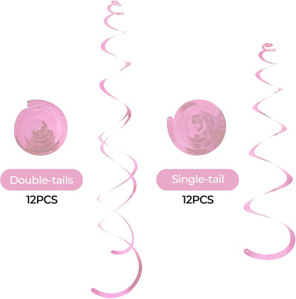 24 PCS Pink Hanging Swirl, Sparkle Ceiling Hanging Decorations, Plastic Streamer Party Decorations with Double-Swirls and Single-Swirls for Birthday Decorations, Easter, Graduation, Baby Shower