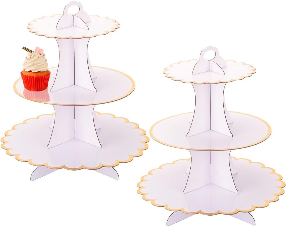 MRPAPA Pink Cardboard Cupcake Stand,2PCS Cup Cake Holder Thick Paper Dessert Tray, 3-Tier Round Serving Tray Perfect for Baby Girls Pink and Gold Birthday Baby Shower Party Supplies