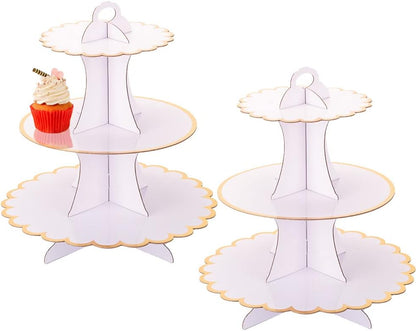 MRPAPA Pink Cardboard Cupcake Stand,2PCS Cup Cake Holder Thick Paper Dessert Tray, 3-Tier Round Serving Tray Perfect for Baby Girls Pink and Gold Birthday Baby Shower Party Supplies