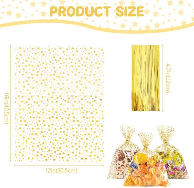 100 Pcs Star Printed 5"X 7" Gift Wrap Cello Cellophane Treat Bags Party Favor bags Clear Candy Cookie Bag Plastic Poly Goodie Storage Bag with Twist Ties for Bakery,Birthday, Wedding ,Party Decorations (Gold)