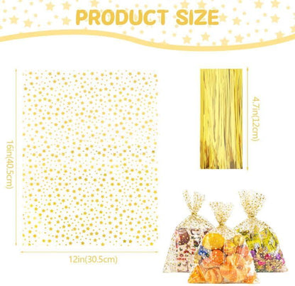 100 Pcs Star Printed 5"X 7" Gift Wrap Cello Cellophane Treat Bags Party Favor bags Clear Candy Cookie Bag Plastic Poly Goodie Storage Bag with Twist Ties for Bakery,Birthday, Wedding ,Party Decorations (Gold)