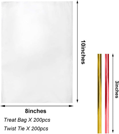 Cello Cellophane Treat Bags,5x7 Inches Clear Cellophane Bags 200 Pcs OPP Plastic Treat Bags with 200 Twist Ties for Gift Wrapping,Packaging Candies,Dessert,Bakery, Cookies, Chocolate,Party Favor