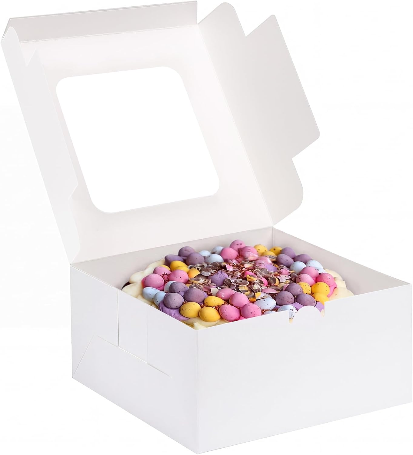 Moretoes 24pcs Cake Boxes, 10x10x5 Inches White Square Bakery Boxes with Window Cajas Pasteles for Cake, Mother's Day, Pastries, Chocolates, Cookies, Pie, Birthday Party, Wedding, Graduation