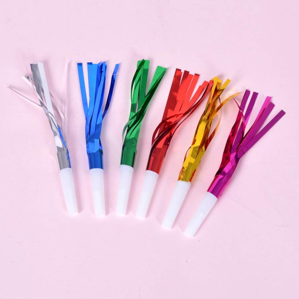 24 Pcs Random Color Metallic Noise Makers Party Blowouts Whistles Glitter Fringe Noisemaker Party Supplies Blowouts Children Toy for Sport Games