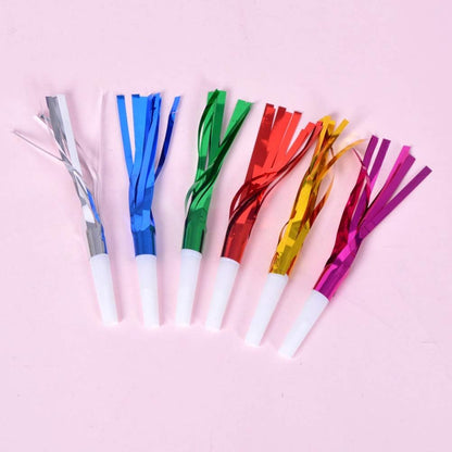 24 Pcs Random Color Metallic Noise Makers Party Blowouts Whistles Glitter Fringe Noisemaker Party Supplies Blowouts Children Toy for Sport Games