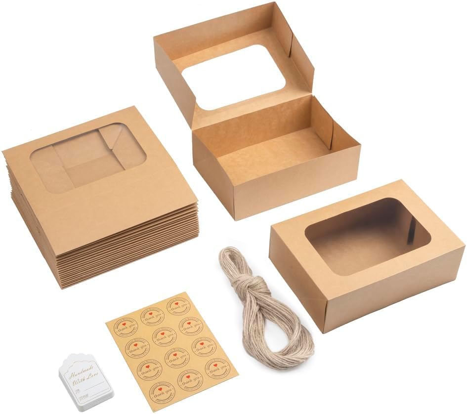 YEKTFS 24 Pcs Cookie Boxes with Window for Paper Gift Giving Brown Bakery Gift Boxes 9 x 6.3 x 3 Inch, Easy Estate Holiday Packaging for Cookie, Cupcaked, Donuts & Pastries