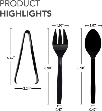 Party Essentials Plastic Serving Utensils for Party Buffet Kit, Black, Spoons/Forks/Tongs, 18-Piece