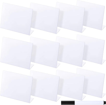Outus 12 Pcs 4 x 3 Inches Buffet Food Labels Mini Small Chalkboard Signs White Acrylic Food Markers Little Price Signs with 2 Pcs Erasable Marker for Wedding Birthday Bakery Table Display