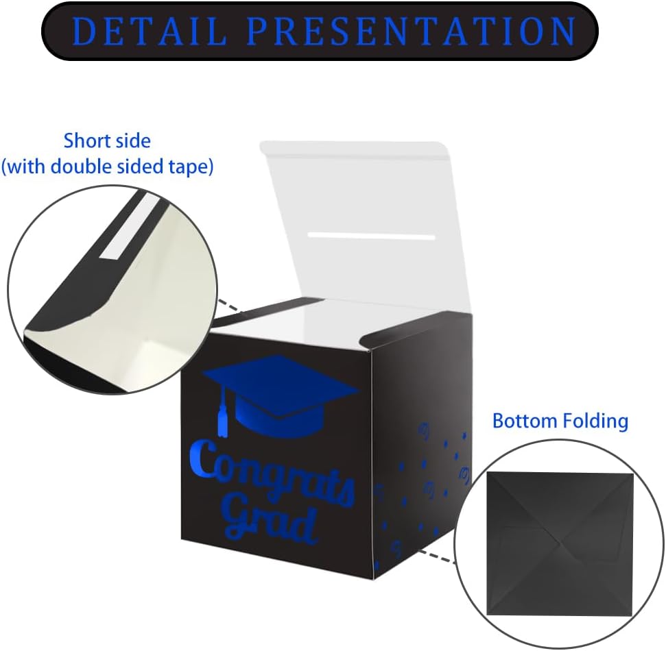 Graduation Card Box Holder, Congrats Grad Foldable Cardboard Decorations Box for Graduation Party Decoration and Grad Parties (Black)