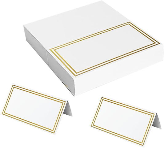 50-Pack 3.94x3.54 Inch Gold Foil Border Place Cards, Small Tent Table Name Cards for Weddings, Dinner Parties, Banquets, Bridal Showers, Showers, Escort Cards, Seating Chart Supplies