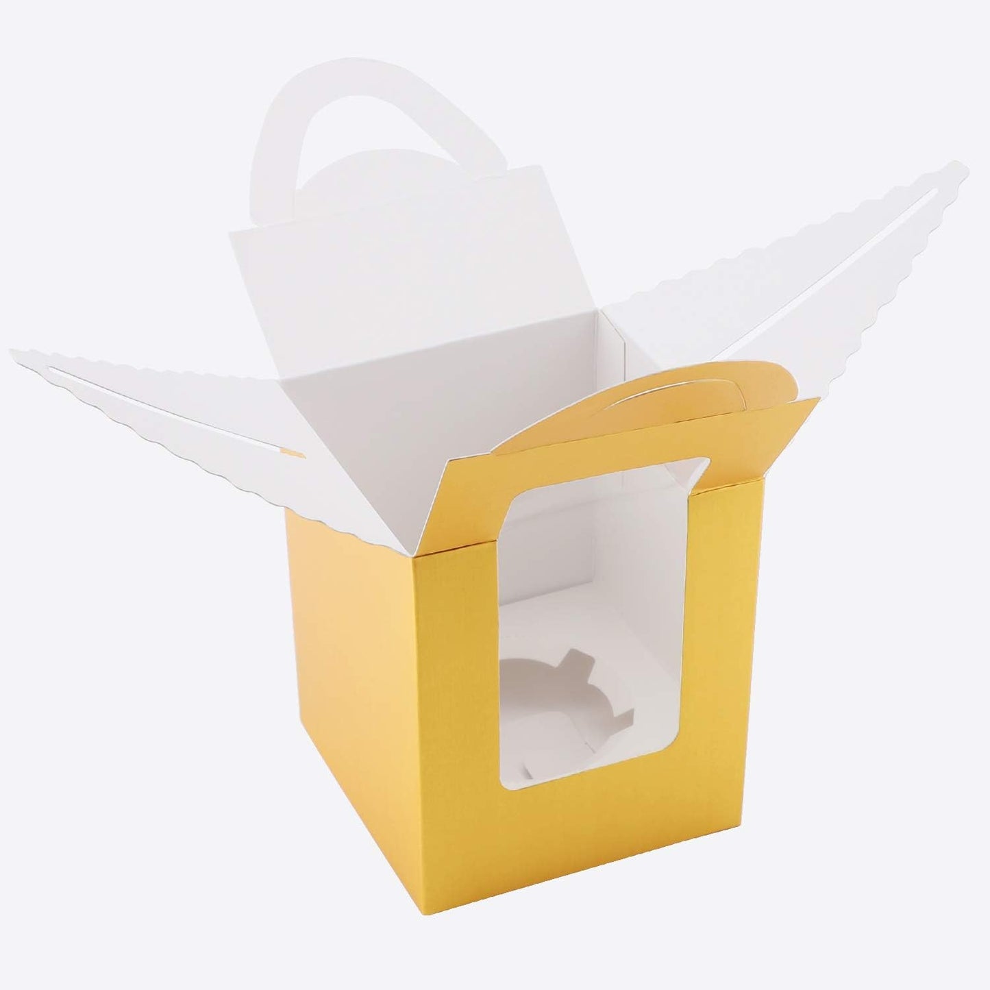EUSOAR Gold Cupcake Boxes, 25pcs 3.6"x 3.6"x 4.3" Single Cupcake Carrier with Window Insert and Handle, Kraft Pastry Containers, Muffins Cupcake Carriers for Bakery Wrapping Party Favor Packing