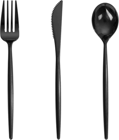 Supernal 180pcs Black Plastic Silverware Set - Heavy Duty Disposable Utensils (60 Forks, 60 Knives, 60 Spoons) - Elegant Black Cutlery for Parties, Weddings & BBQ
