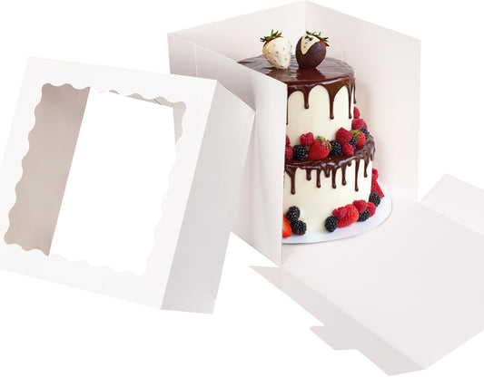 Moretoes 12 Pack Cake Boxes, 12x12x12 Inch Cake Box with Window for Tier Cakes, Sturdy Tall Cake Carrier with Lids, Disposable Containers for Valentine's Day, Mother's Day, Wedding, Birthday, Party