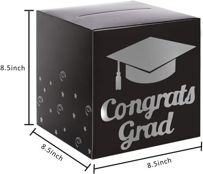 Graduation Card Box Holder, Congrats Grad Foldable Cardboard Decorations Box for Graduation Party Decoration and Grad Parties (Black)