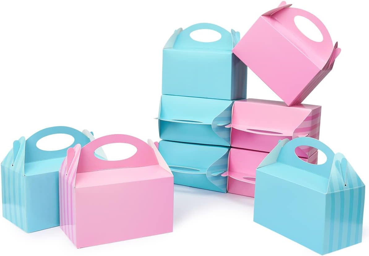 Happyhiram 50 Pcs Party Treat Boxes - White, 6 Inch Candy Boxes with Handle - Paper Cookie Gift & Snack Goodie Bags for Kids Birthday, Baby Shower, Wedding