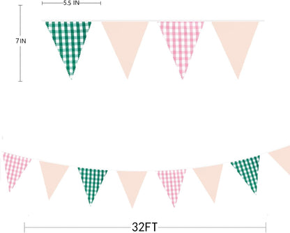 32Ft Dusty Blue Party Decorations Retro Blue Gingham Triangle Banner Flag Pennant Fabric Garland Streamers for Nautical Wedding Birthday Ahoy Achor Bridal Baby Shower Under The Sea Decor Supplies