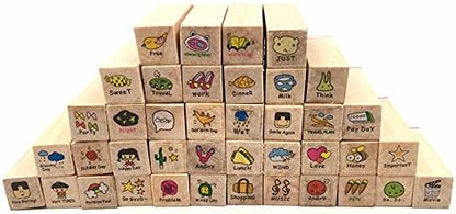 Diary Stamp Set,Wooden Rubber Signet for Children DIY Scrapbooking Card Making(25pcs,Happy Life)