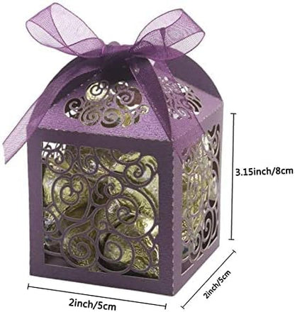 KPOSIYA 100 Pack Wedding Favor Boxes Laser Cut Boxes Party Favor Box Small Gift Boxes Lace Candy Boxes for Wedding Bridal Shower Baby Shower Birthday Party Anniverary with Ribbons (Pink, 100)