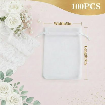 Sukh 100pcs Organza Bags 5''x7'' - White Sheer Mesh Drawstring Bags for Jewelry, Soap, Fruits, Candy, Small Gift Bags for Weddings, Valentine's Day, Mother's Day, Halloween, Thanksgiving, Christmas