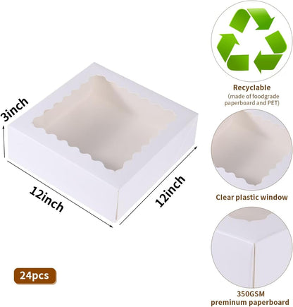 24 pcs12x12x3 Inch Bakery Boxes with Window, White 12 inch Cake Pastry large Pie Cookie Box for Dessert,strawberry,Chocolates Boxes