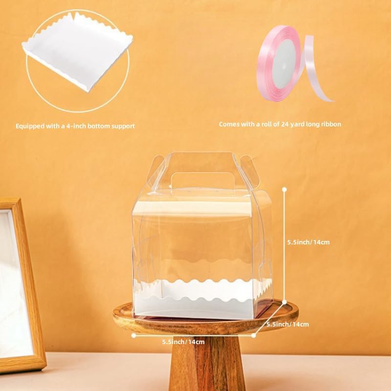 10Pcs Clear Cake Boxes with 10 Stickers and 1 Roll Ribbon,5.5X5.5 Inch Transparent Bakery Boxes Mini Cake Boxes Plastic Cupcake Candy Display Boxes for Home Wedding Birthday Party Baby Shower Favors