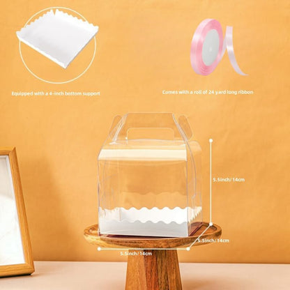 10Pcs Clear Cake Boxes with 10 Stickers and 1 Roll Ribbon,5.5X5.5 Inch Transparent Bakery Boxes Mini Cake Boxes Plastic Cupcake Candy Display Boxes for Home Wedding Birthday Party Baby Shower Favors