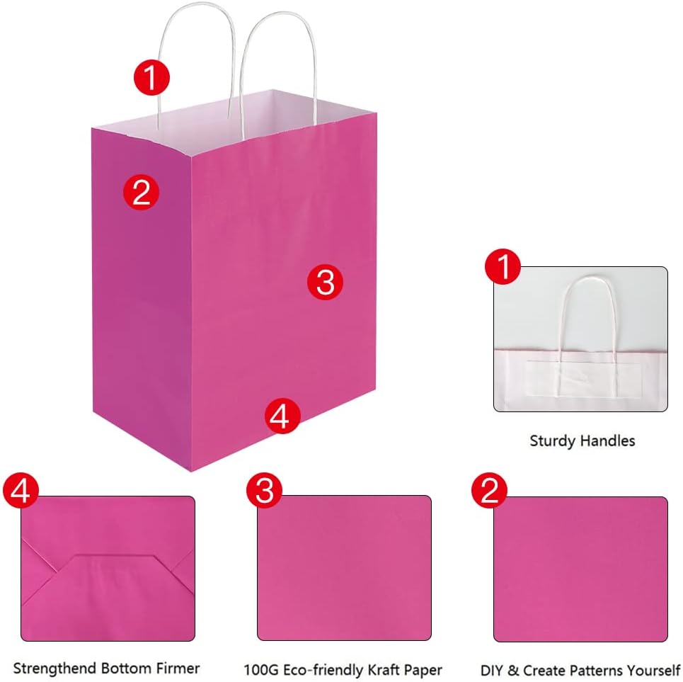 Oikss 100 Pack 8x4.75x10 Inch Medium Brown Kraft Paper Bags with Handles Bulk for Wedding Birthday Party Favors Grocery Retail Shopping Business Goody Craft Gift Bags Sacks (Plain Natural 100 Count)