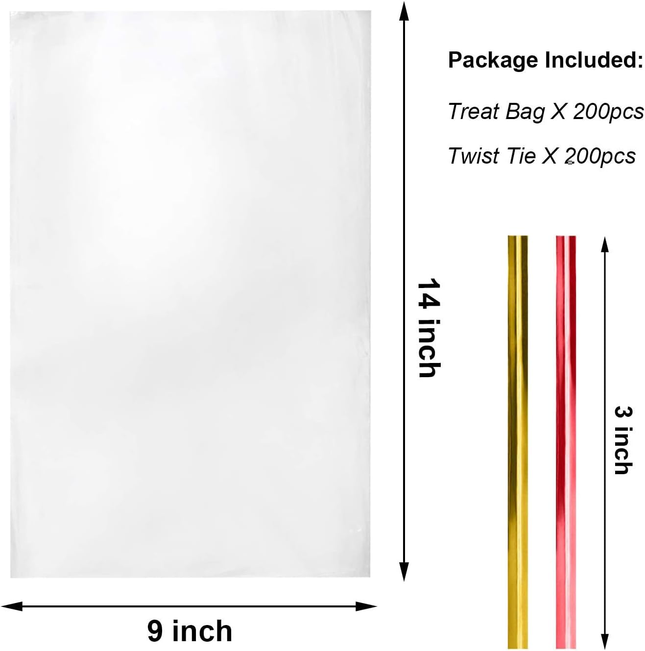 Cello Cellophane Treat Bags,5x7 Inches Clear Cellophane Bags 200 Pcs OPP Plastic Treat Bags with 200 Twist Ties for Gift Wrapping,Packaging Candies,Dessert,Bakery, Cookies, Chocolate,Party Favor