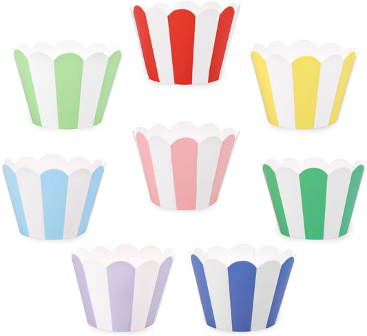 Whaline 48Pcs Colorful Striped Cupcake Wrappers Paper Cupcake Liners Scalloped Dessert Holders for Birthday Baby Shower Wedding Party Supplies, 8 Designs