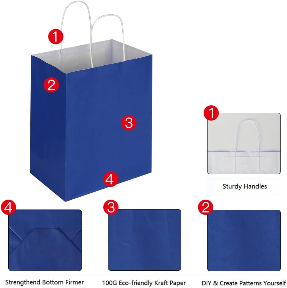 Oikss 100 Pack 8x4.75x10 Inch Medium Brown Kraft Paper Bags with Handles Bulk for Wedding Birthday Party Favors Grocery Retail Shopping Business Goody Craft Gift Bags Sacks (Plain Natural 100 Count)