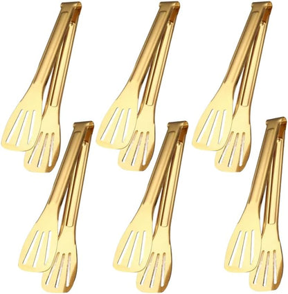 6 Pack Serving Tongs Kitchen Tong, 7 Inch Gold Buffet Tongs, Stainless Steel Food Tong Small Tong, Serving Tong for Buffet, Party, Salad, Appetizers
