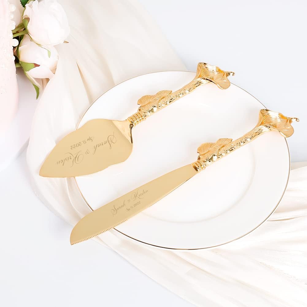 Cake Cutting Set for Wedding, Personalized Gold Cake Knife and Server Set, Custom Cake Serving Set, Engraved Pastry Pie Server Cake Pizza Cutter, Birthday Bridal Gift (F-Classic)