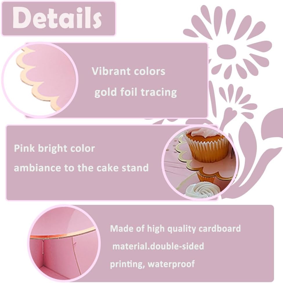 MRPAPA Pink Cardboard Cupcake Stand,2PCS Cup Cake Holder Thick Paper Dessert Tray, 3-Tier Round Serving Tray Perfect for Baby Girls Pink and Gold Birthday Baby Shower Party Supplies