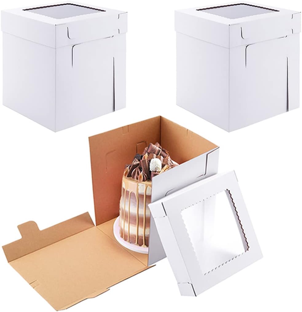 Tall Cake Boxes for Tier Cakes,10x10x12 Inch [3Pack ] Thick Sturdy Cake Box with Window, Layer Cake Carrier,Disposable Cake Containers