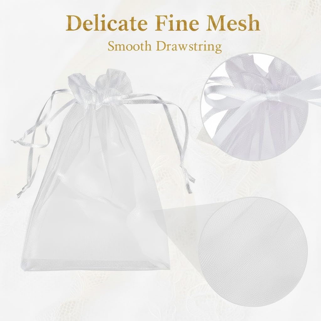 Sukh 100pcs Organza Bags 5''x7'' - White Sheer Mesh Drawstring Bags for Jewelry, Soap, Fruits, Candy, Small Gift Bags for Weddings, Valentine's Day, Mother's Day, Halloween, Thanksgiving, Christmas