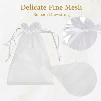 Sukh 100pcs Organza Bags 5''x7'' - White Sheer Mesh Drawstring Bags for Jewelry, Soap, Fruits, Candy, Small Gift Bags for Weddings, Valentine's Day, Mother's Day, Halloween, Thanksgiving, Christmas