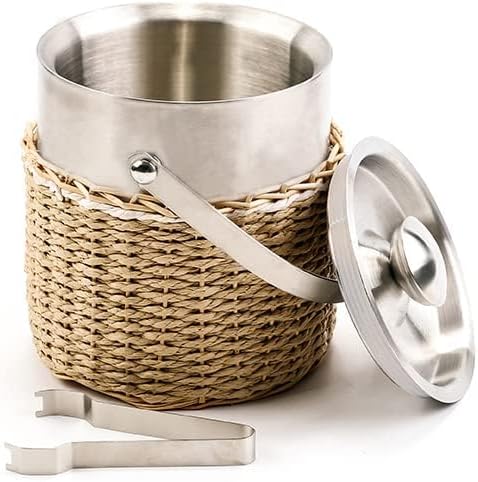 Handwoven 3L Stainless Steel Ice Bucket with Lid and Ice Tongs, Large Insulated Chilling Bucket Handcrafted Wicker Paper Rope for Party Wedding Home Bar Decor