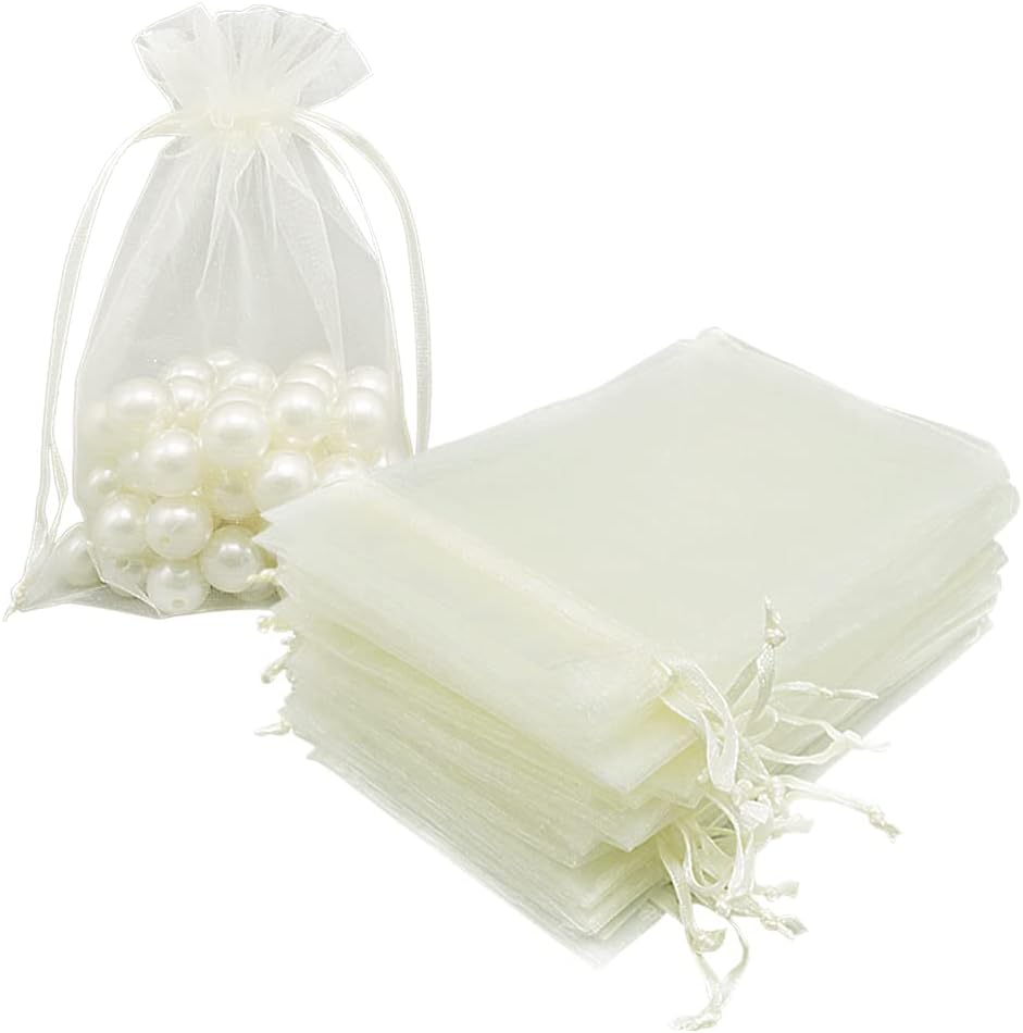 HRX Package 100pcs White Organza Bags, 4x6 inch Mesh Bags Drawstring Gift Bags Jewelry Pouches for Candy Wedding Favors Christmas