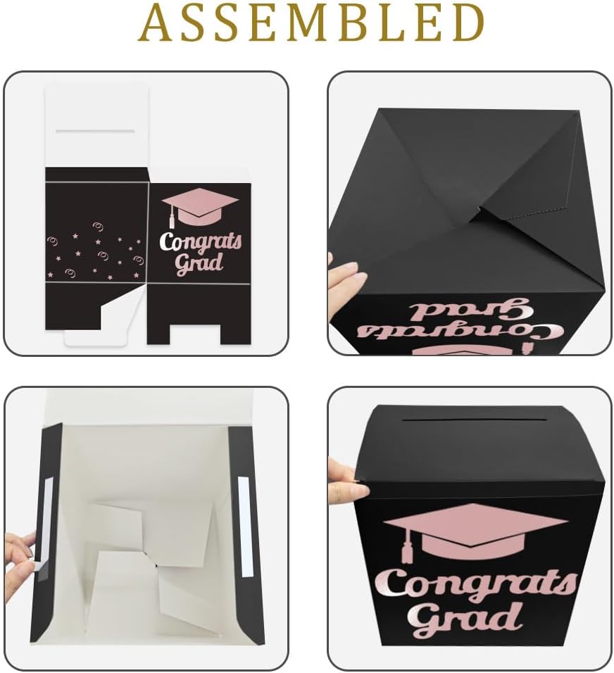 Graduation Card Box Holder, Congrats Grad Foldable Cardboard Decorations Box for Graduation Party Decoration and Grad Parties (Black)