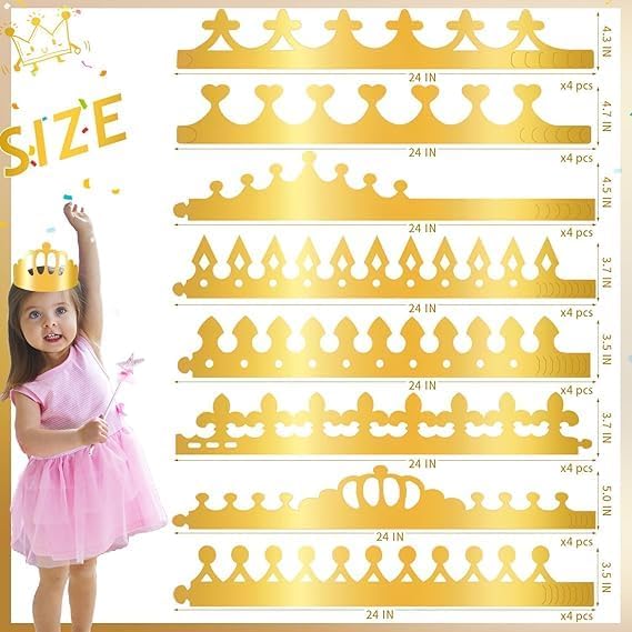 12 pcs Paper Crowns, Birthday Crowns Craft to Decorate with 8 Sheets Gem Jewels Number Letter Stickers, Gold Paper Prince Princess Hats for Party Favor Supplies