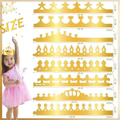 12 pcs Paper Crowns, Birthday Crowns Craft to Decorate with 8 Sheets Gem Jewels Number Letter Stickers, Gold Paper Prince Princess Hats for Party Favor Supplies