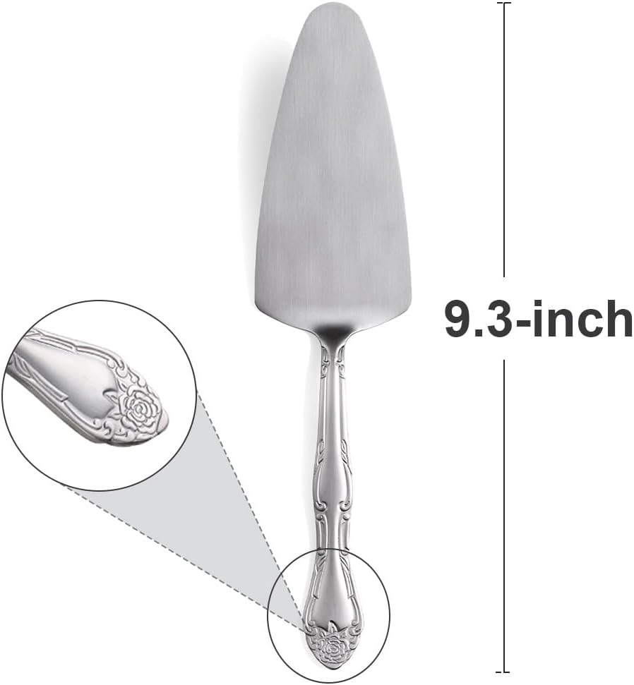 3-Piece Cake Server Set - 9.3-Inch Matte Black 430 Stainless Steel with Rose Handle Design - for Cake, Pie, Pizza, and Dessert Serving - Dishwasher Safe Pastry Server Set
