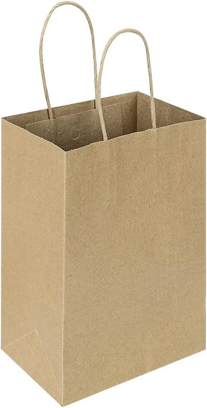 Oikss 100 Pack 5.25x3.25x8.25 Inch Small White Kraft Paper Bags with Handles Bulk for Birthday Wedding Party Favors Grocery Retail Shopping Business Goody Craft Gift Bags Cub Sacks (100pcs Count)
