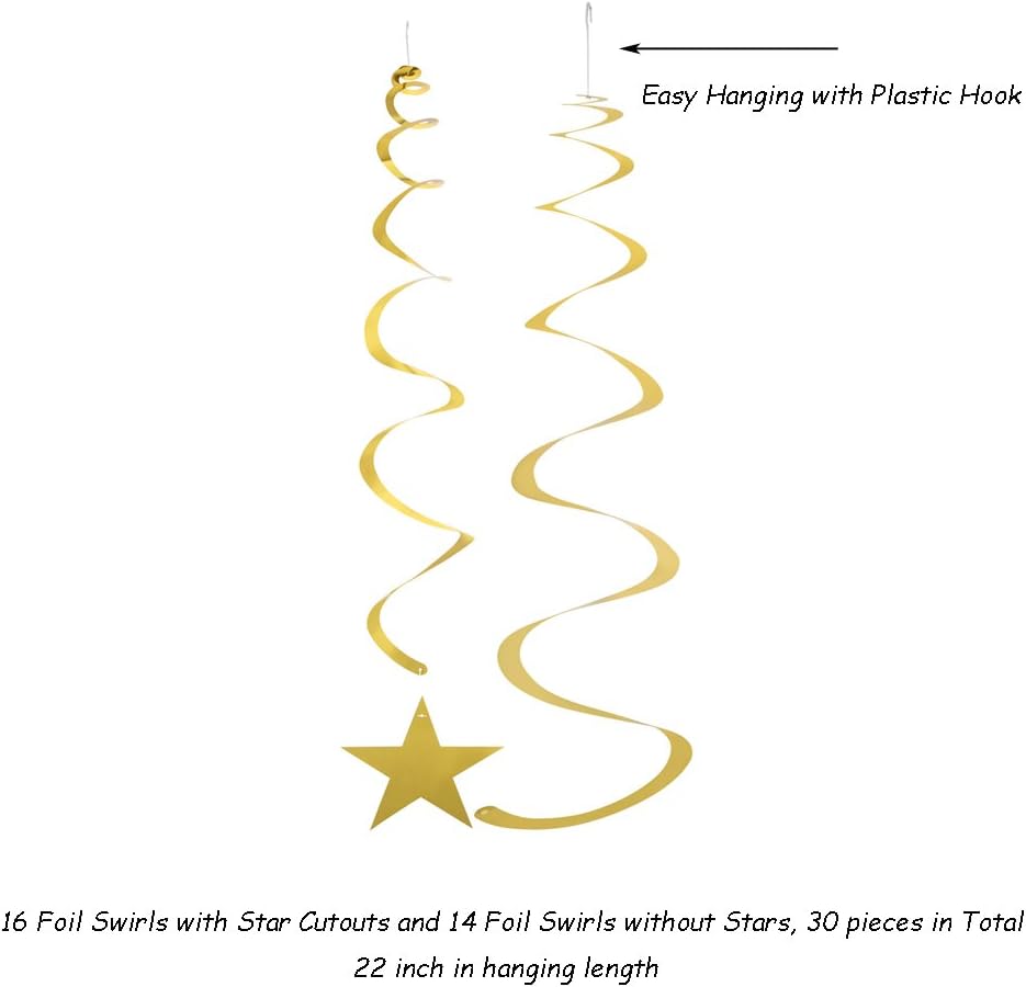 Black, White, and Silver Hanging Swirl Decorations with Star Cutouts, Set of 30