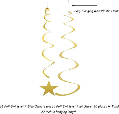 Black, White, and Silver Hanging Swirl Decorations with Star Cutouts, Set of 30